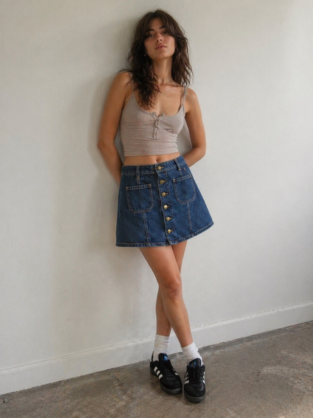 Altar’d State Denim Mini Skirt Small Button Front A-Line Stretch Jean Skirt